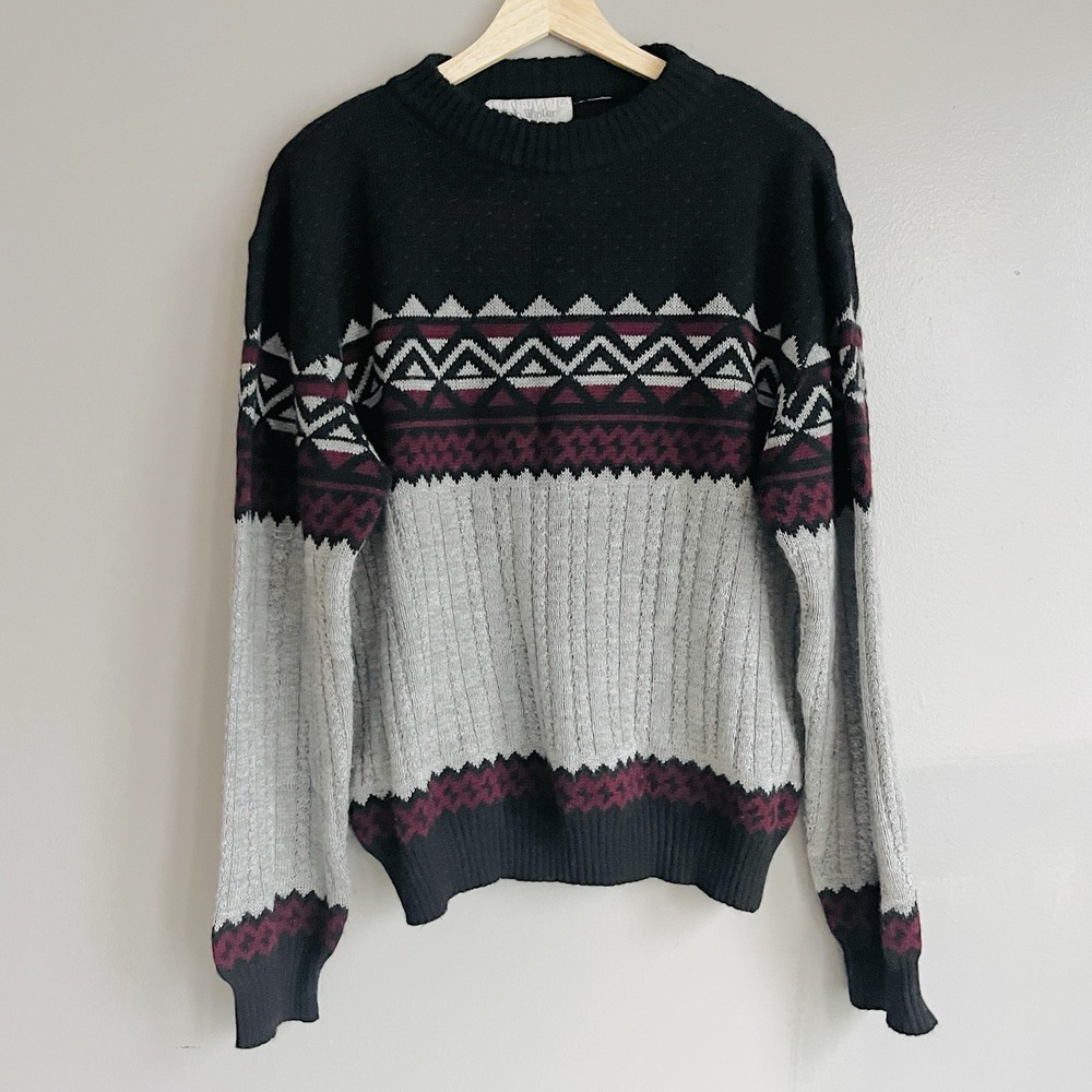 Vintage 80s Rob Winter Mens Nordic Fair Isle Sweater Gray Navy Maroon Size?